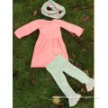 2015 new baby girls dress pink/teal and pant outfits boutique outfits stripe dress pant set with matching stripe scarf